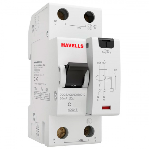 Дифференциальный автоматический выключатель Havells 1P+N 6kA C-16A 30 мА Тип A 2М DOCEACSN2030016